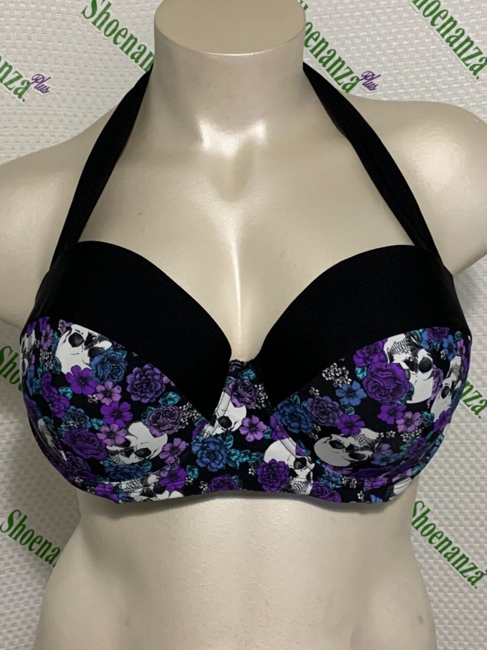 Hot Topic Swimsuit Swim Top Underwire Halter Bikini Skull Floral Self Tie Plus 2